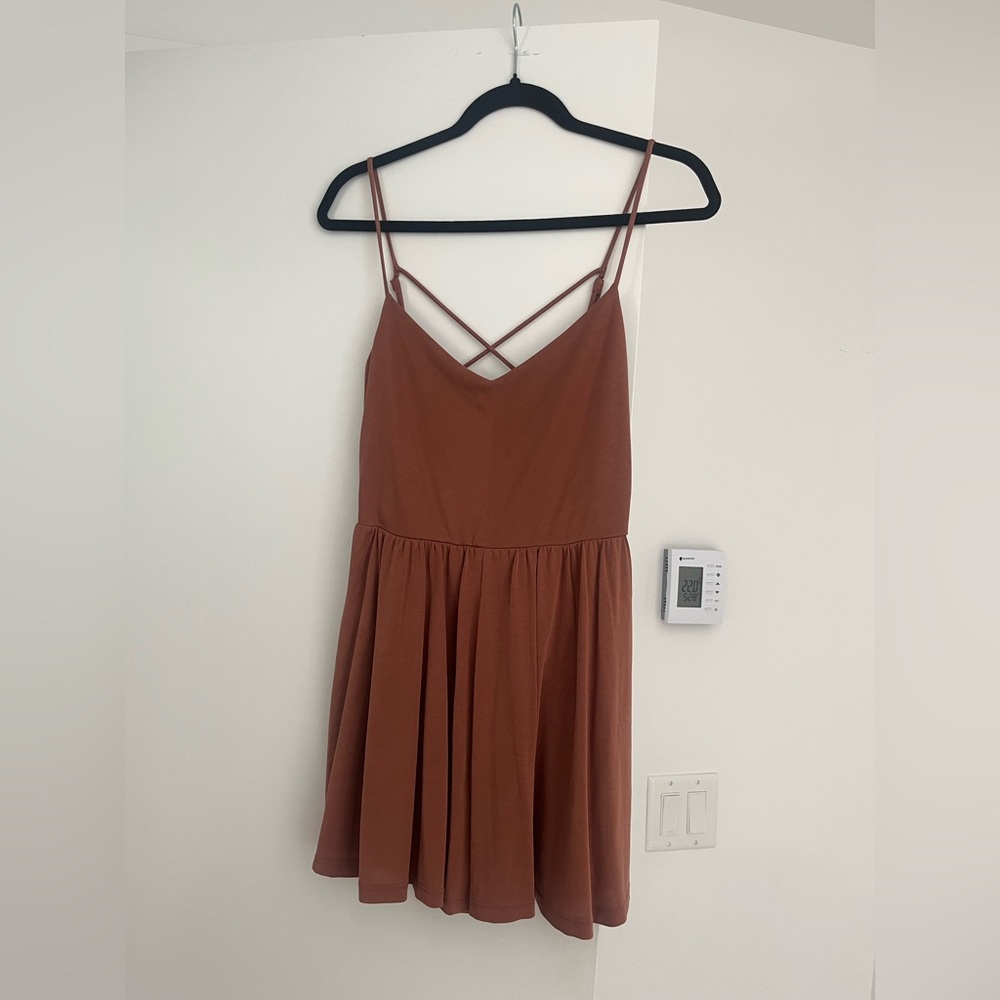Rust Brown Spaghetti Strap Flowy Romper with Crisscross Back